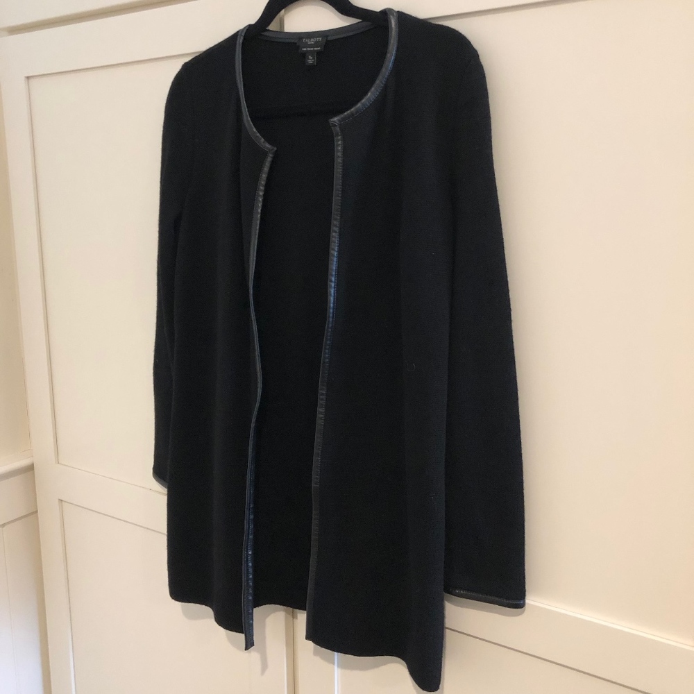 Talbots Leather Trim Black Cardigan PS